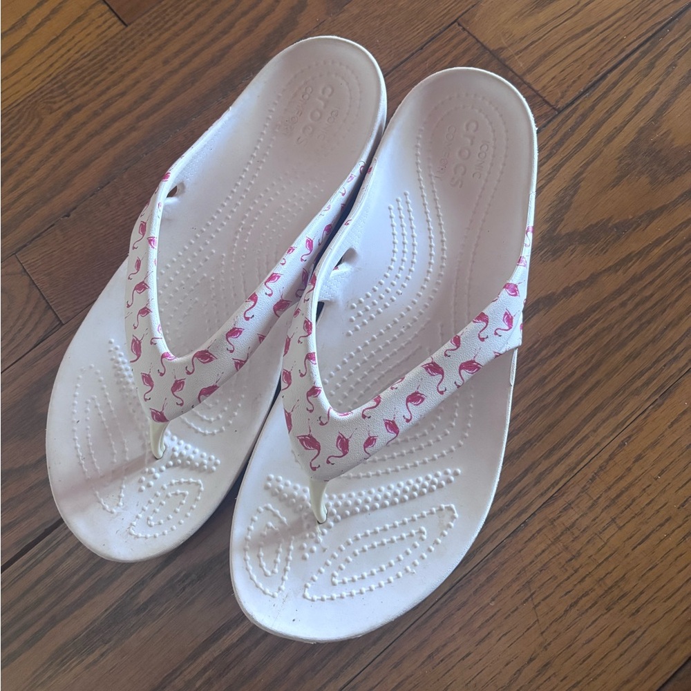 Light Pink Crocs Flip Flops with Pink Flamingo Pattern